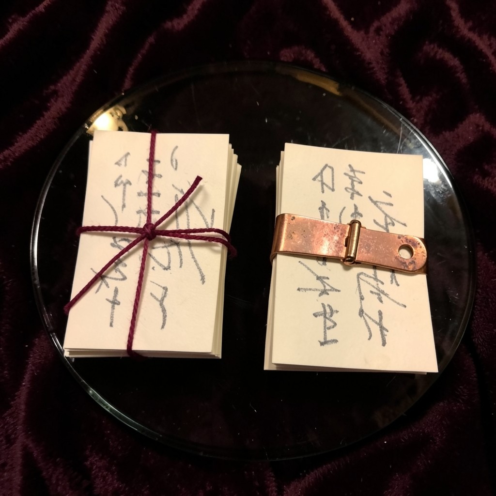 Two piles of note cards on smoked glass, one tied with burgundy thread and one held by a copper clip
