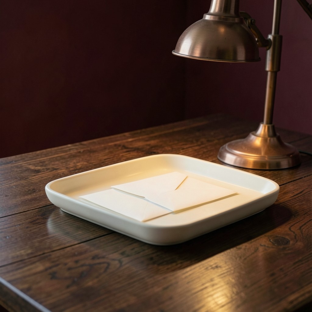 A nearly empty tray with a few sealed envelopes on a long dark wooden table