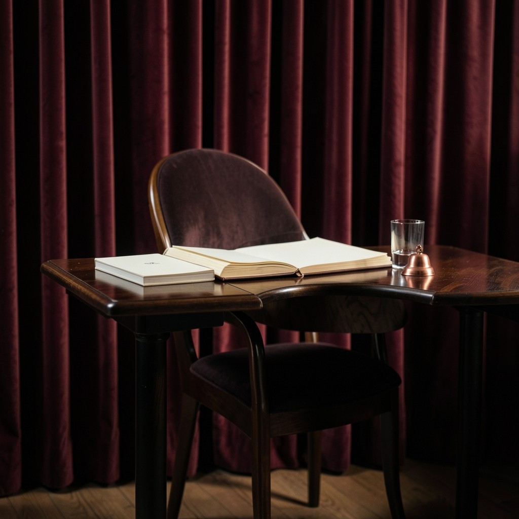 A chair drawn up to a dark wood table with a closed ivory folio, a water glass, and a copper bell