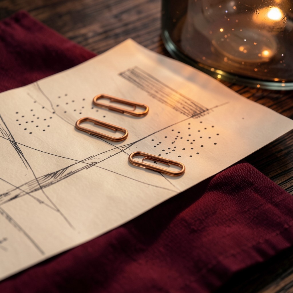 Hand-drawn abstract chart marks in ink on ivory paper, held with copper clips on a dark table
