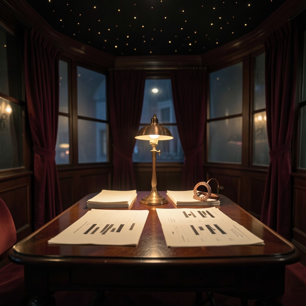 A nocturnal reading room with burgundy velvet curtains, a lacquered table stacked with ivory paper, and a copper lamp