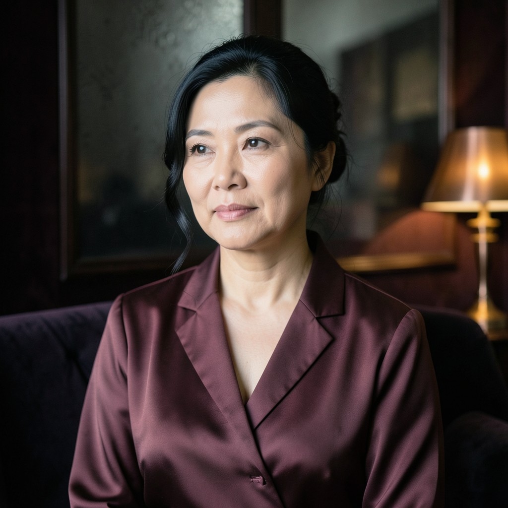 Portrait of Anchalee Siriwat in a burgundy blouse, seated in a dim room