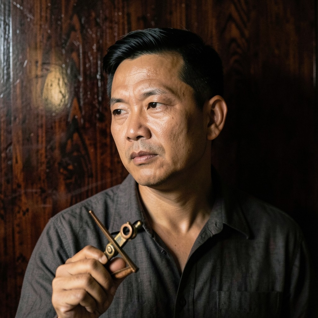 Portrait of Niran Boonmee in a charcoal shirt, holding a copper drawing compass