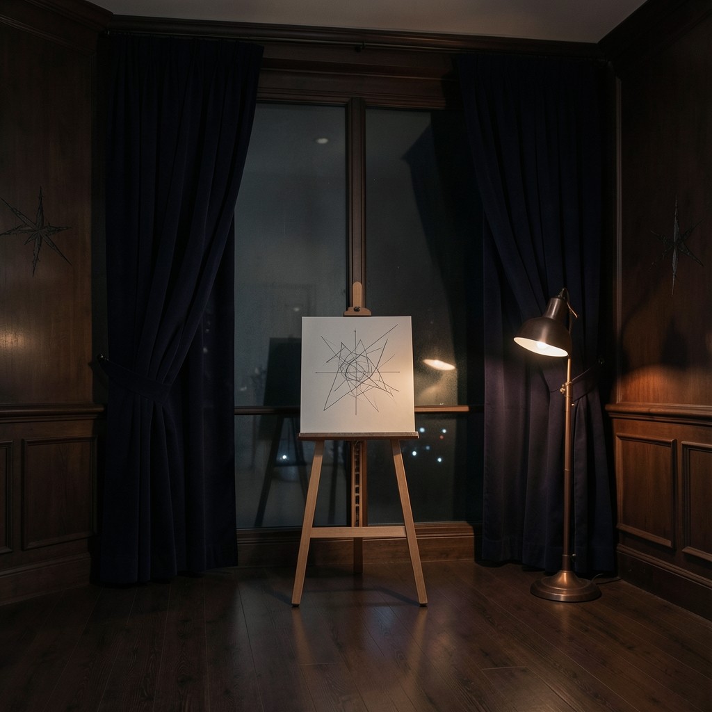 An empty evening room with velvet curtains, a chart easel, and a copper lamp