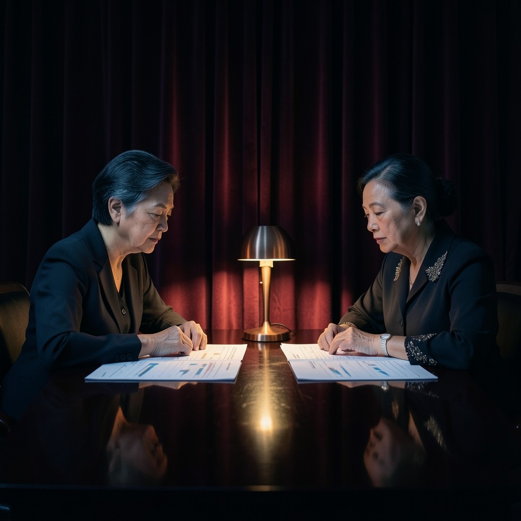 Two adults at a lacquered table in a velvet room, looking at large chart sheets under a copper lamp