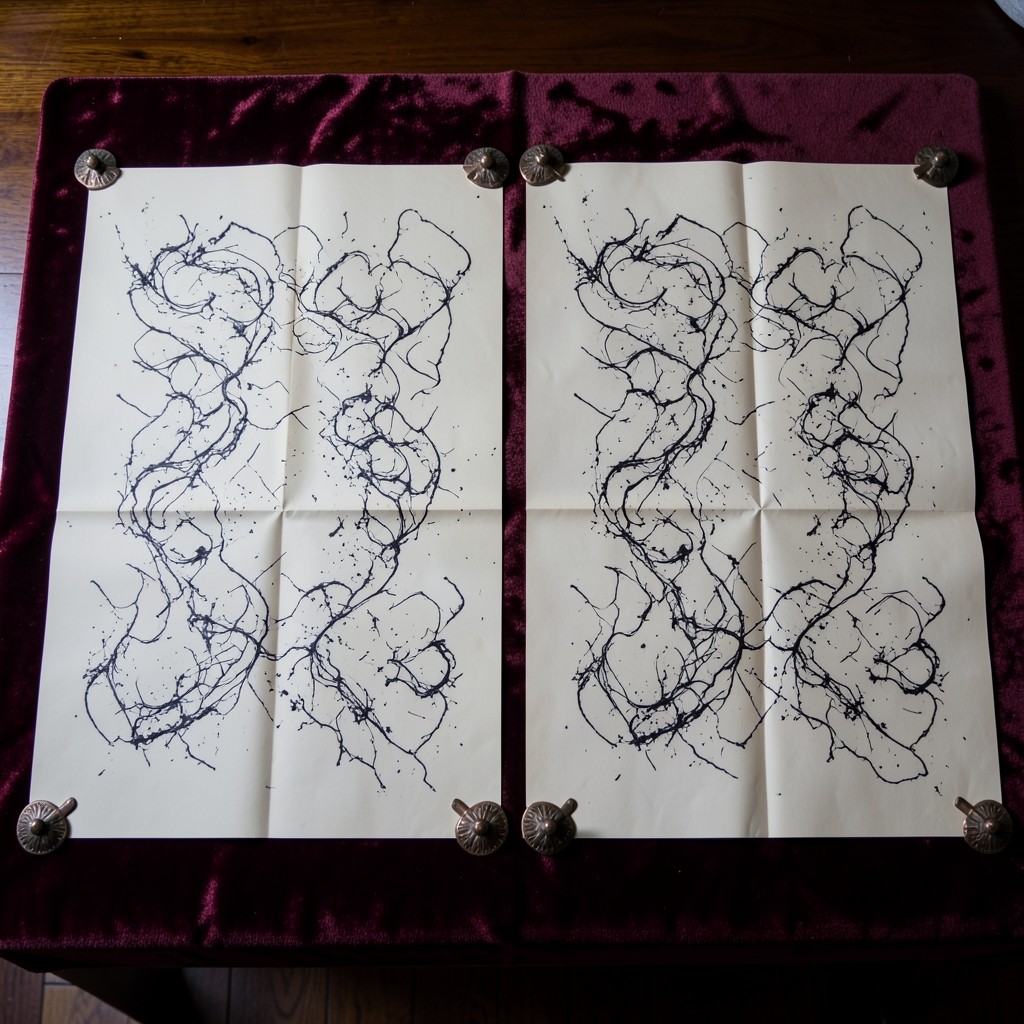 Two ivory chart sheets placed side by side on burgundy velvet, held down with copper weights