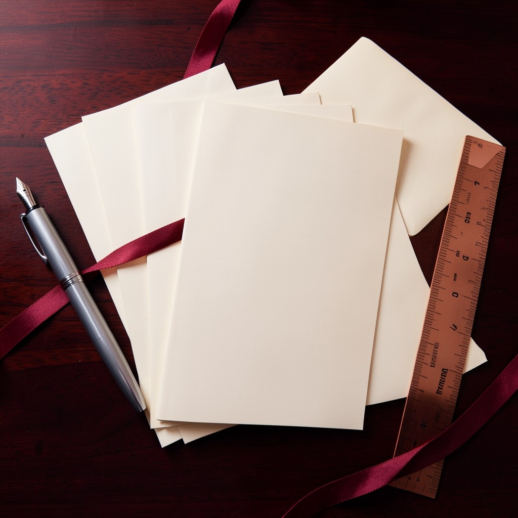 Blank cream booklets, a fountain pen, and a copper ruler arranged on dark lacquered wood