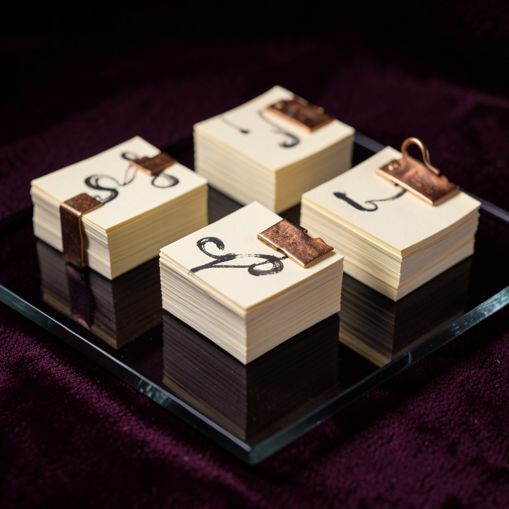 Small ivory note cards sorted into piles and held with copper clips on a smoked glass board
